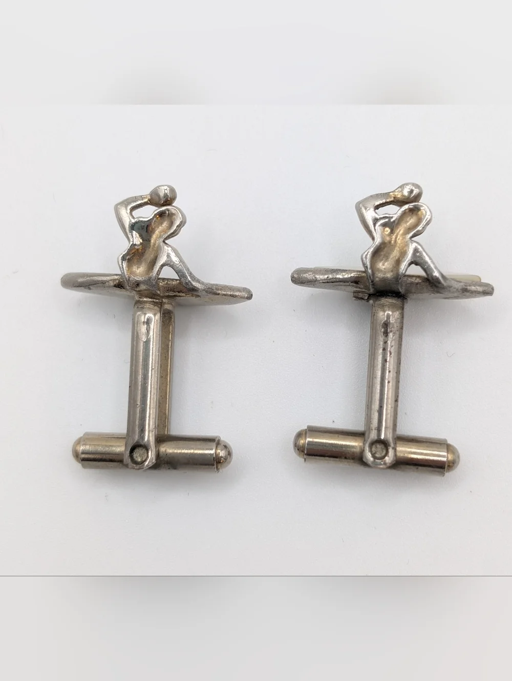 Vtg Surfer Girl Silver Tone Cufflinks Shell Top Surfboard